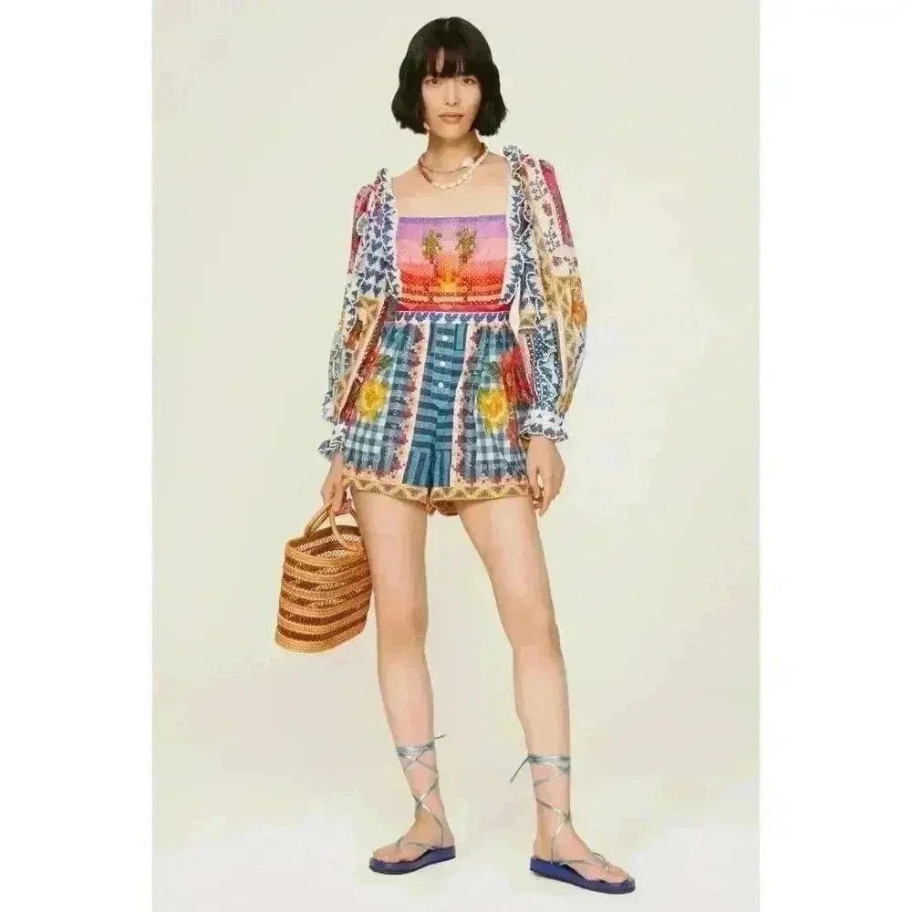 Farm Rio Summer Vibe Romper Ruffled Embroidered Square Neck Patchwork Size M